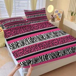 Color Block Animal Print Fitted Sheet Set and 2 Coreless Pillowcases, Rose Pink Leopard and Black-White Zebra Pattern, Soft Anti-Slip Wrinkle-Resistant Mattress Protector, Y2K Bedroom Decor, Girls Room Decor