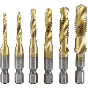 Drill Tap Set, 6 Packs Titanium Plated Combination Taps Drill Bit Set, M3 M4 M5 M6 M8 M10 Hex Shank HSS Screw Thread Metric Compound Tap Drill Bits Metal Drilling