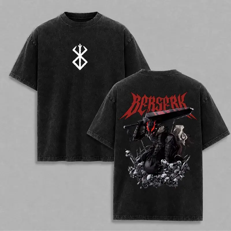 Berserk Print Vintage Acid Washed Cotton T-shirt - Men's & Women's Oversized Shortsleeve Casual Retro Streetwear Sports Top,men's t shirts,short sleeves,cotton t-shirt,humor tee,graphic t shirt deals,oversized graphic tee