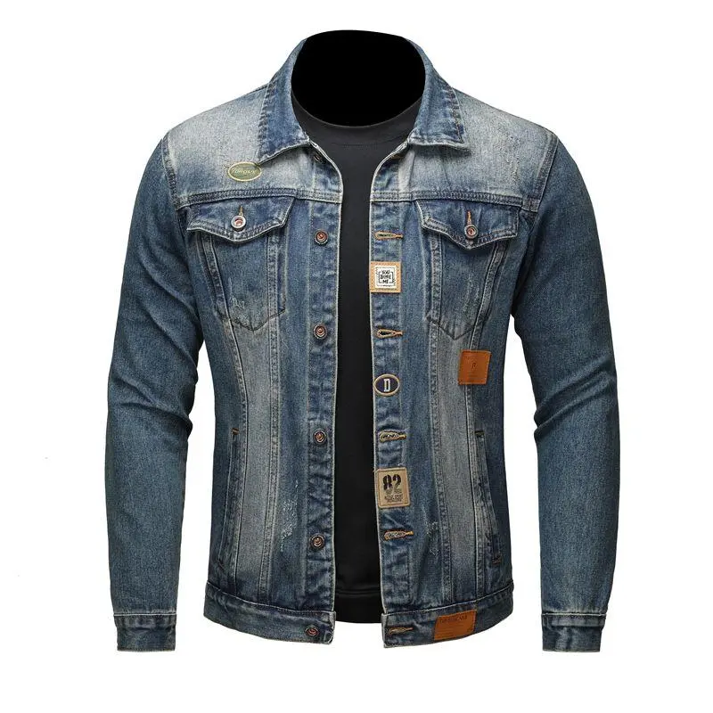 Mature Men’s Vintage Denim Coat - Fashion Menswear, Distressed Ripped, Heavy Washed, 3D Cut, Patchwork, Lapel Collar, 5-Button, Loose Fit, Western Street Style, Long Sleeve, All-Season Layering Sturdy Jacket