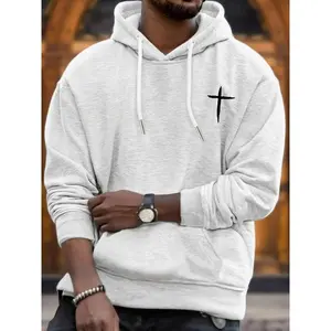 Men's Cross Print Drop Shoulder Thermal Lined Hoodie, Fashion Casual Regular Fit Drawstring Pocket Hooded Sweatshirt for Daily Holiday Outdoor Wear, Men Clothes for Spring & Fall