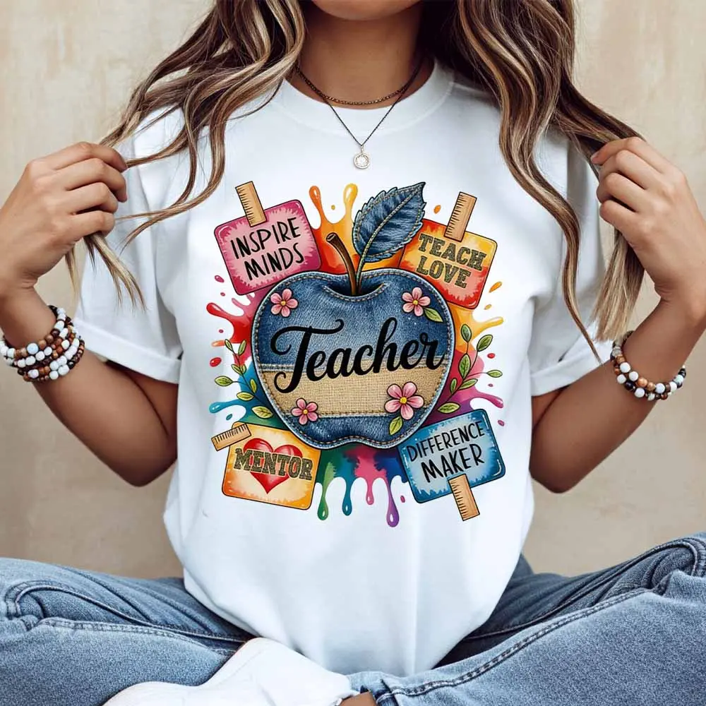 Apple Teacher Inspire Minds Teach Love Mentor Difference Maker Printed T Shirt Women Casual Short Sleeve Top Summer Fashion