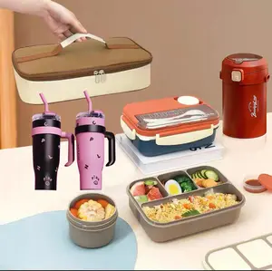 3 Layers Food Thermos Set With 3Layers Food Thermos 2200ml/74oz And Lunch Box Set And Black Pink Thermos 1200ml/40oz