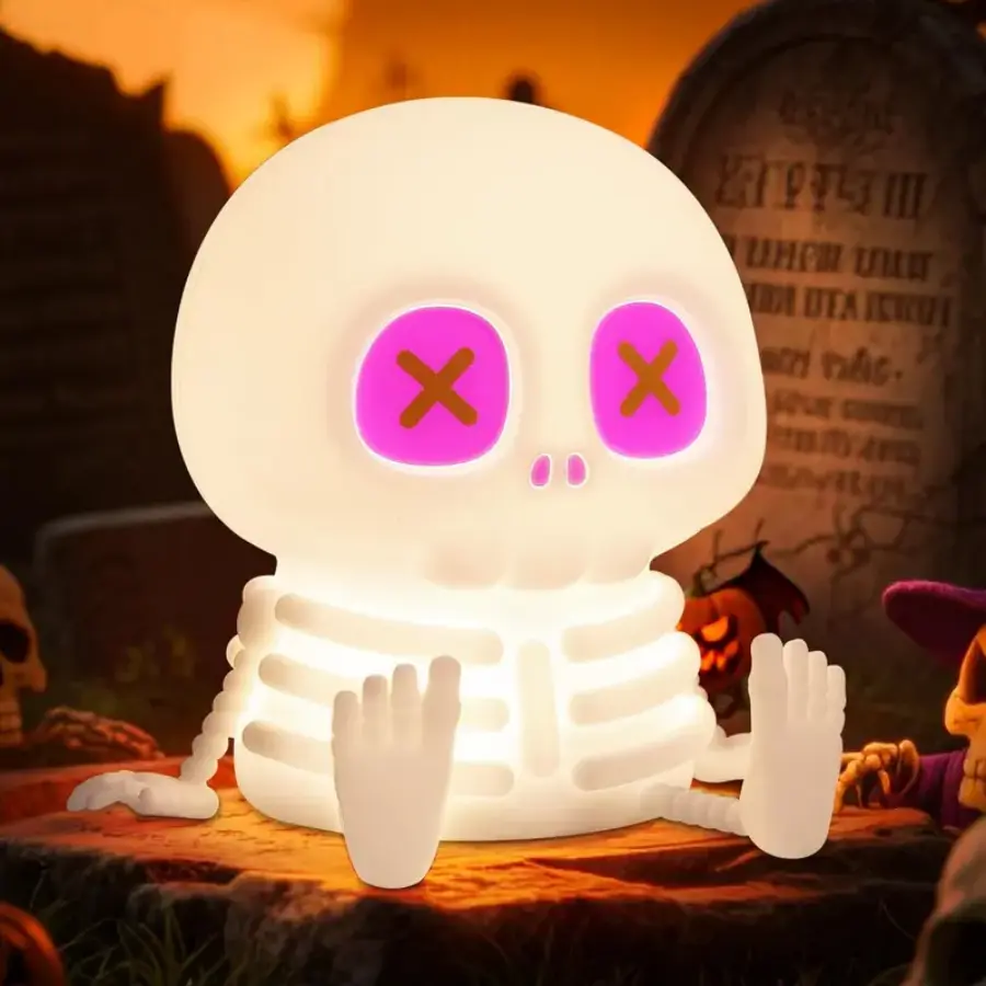 Viral Spooky Skull Silicone Night Light - Touch-Control Adjustable Warm LED Bedside Lamp, Gothic Aesthetic Room Decor, Halloween Party Ornament, Holiday Gift for Christmas Birthdays
