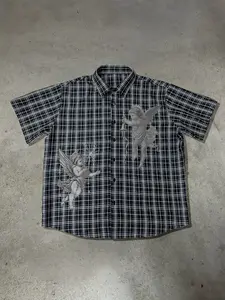 2k Vintage Style Classic Loose Fit Plaid Button-Up Shirt with Angel Print, Goth Streetwear Aesthetic for Summer Casual Fashion Wear, Unisex Retro Short Sleeve Top, Menswear