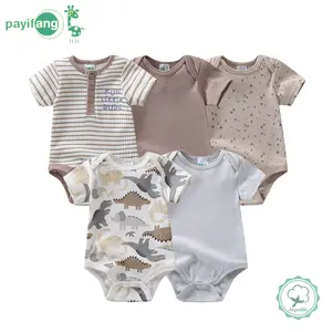 5 sets of baby boy three-piece jumpsuits, baby cotton short-sleeved onesies, baby boy in cartoon dinosaur style, essential clothing items