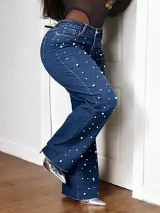 Plus Size Pearl Decorated Wide Leg Jeans High Elastic Washed High Waist Denim Jeans Pants for Women, Casual Fashion All Seasons
