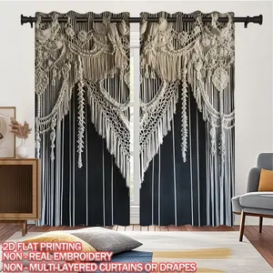 Boho Style Digital Print Curtains Set, Bohemian Weave Texture & Fringe Design, Washable Privacy Protection Window Decor for Home Office, Tassel Decor Curtain