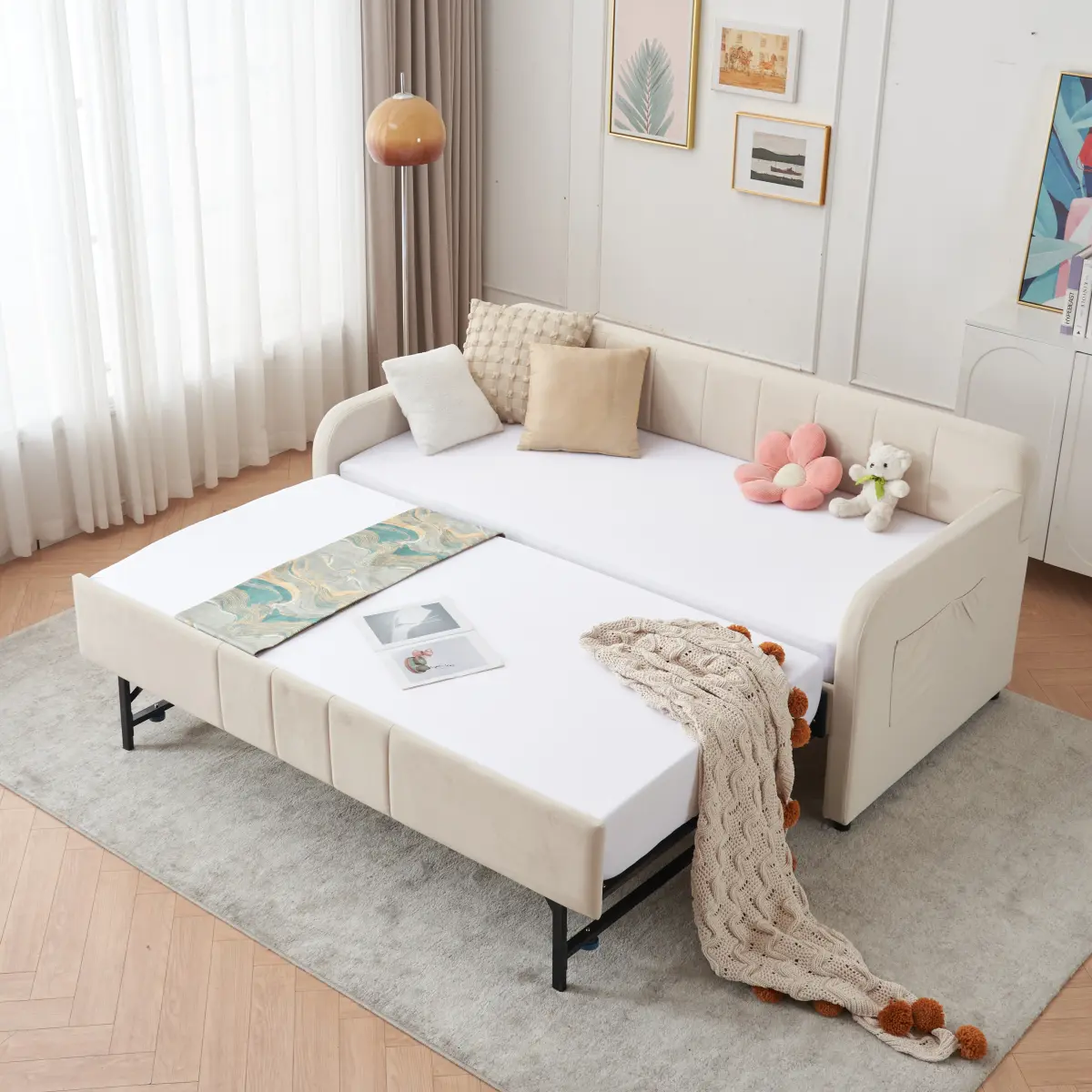Twin Daybed with Pop Up Trundle, Velvet Tufted Upholstered Twin to King Size Daybed Frame with Wooden Slats & USB Charging, Modern Sleeper Sofa Bed for Guest Room Bedroom, No Box Spring Needed