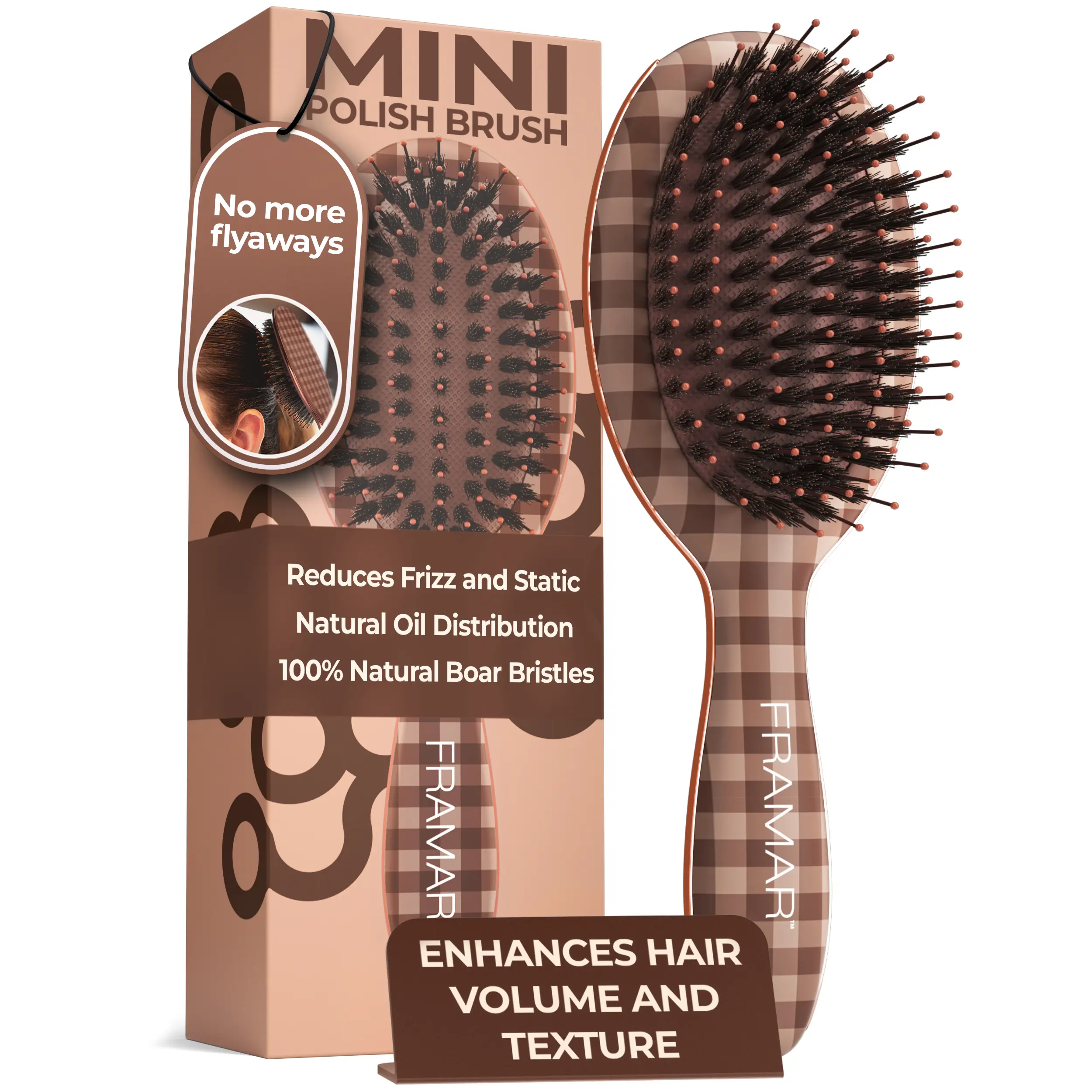 FRAMAR Mini Boar Brush For Slick Back Hair, Smoothing Brush for Fine Hair, Mini Hairbrush For Purse, Travel Boar Bristle Hair Brush Mini, Slick Back Hair Brush For Volume & Shine, Chocolate Gingham