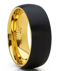 Men's Tungsten Ring Goldtone and Black Wedding Band, Dome Brushed, Comfort Fit