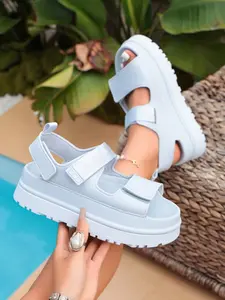 Women's Crocodile Pattern Velcro Thick Sole Sandals, Functional Style Dual Strap Anti-Slip Casual Beach Shoes, Simple Cool Versatile Height-Boosting Footwear, Adjustable Strappy Sandals