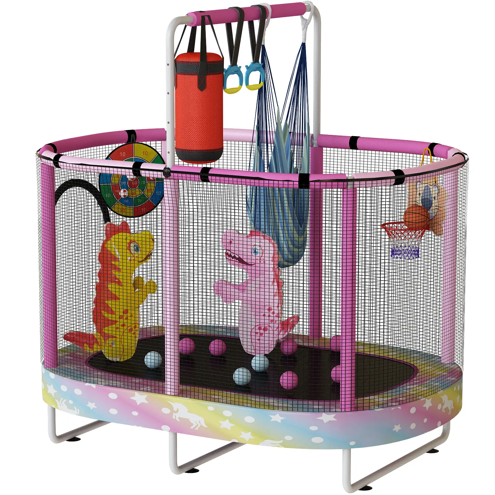 Lamerge Kids Trampoline with Silent Basketball Hoop ASTM Approved Elliptic Design 500lbs Capacity Adjustable Handrail 7-in-1 Playset for Ages 1-8 trampoline Silicone Ball Set homeessentials