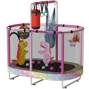 Lamerge Kid Trampoline, Bouncing Trampoline for Toddlers, ASTM-Approved with Safety Enclosure Net, Elliptic Design, 500lbs Capacity, Ages 1-8, Adjustable Handrail, 7-in-1, 60" Silent Basketball Hoop trampoline excellent gift for Christmas and New Year