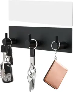 Key Holder Wall Mount, Small Metal Self Adhesive Key Hanger with 3 Hooks, No Drilling, Extra Adhesive Strip, Black