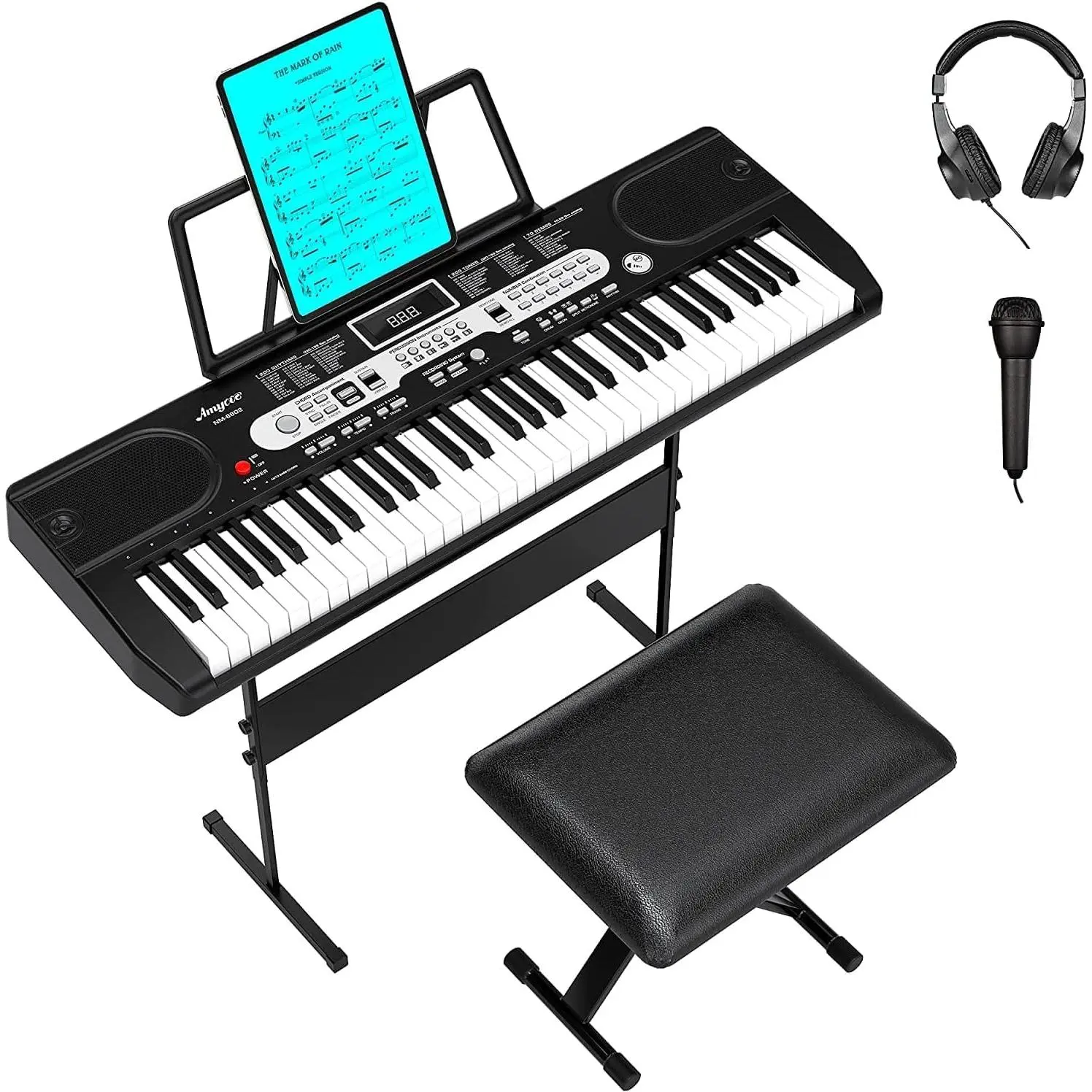 61-Key Home Digital Piano Keyboard for Beginners - Complete Starter Set with Microphone, Headphones, X-Stand, Stool, Sheet Music Holder, Note Stickers