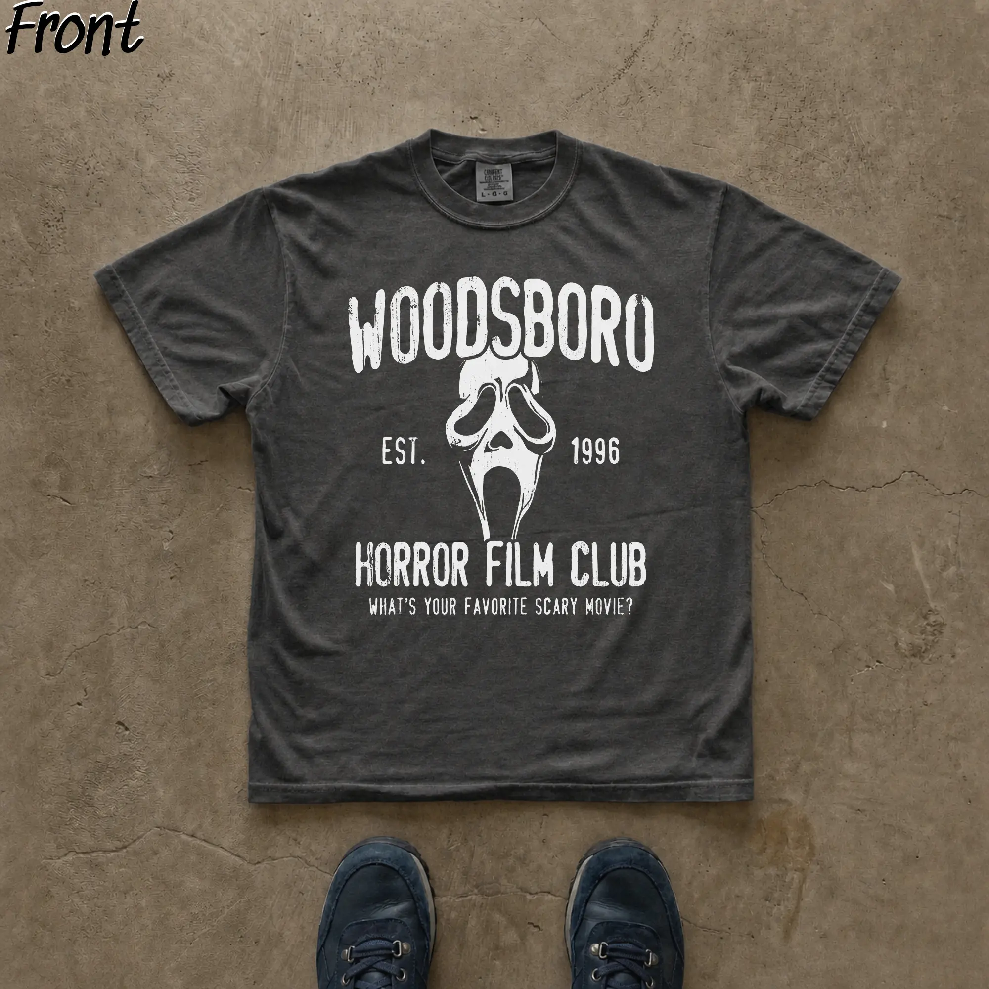 Vintage Woodsboro Horror Film Club Graphic Tee - Ghostface Shirt - Scream Movie Shirt - Scary Movie - Horror Movie Shirt - Iconic Villains From Horror Films - Horror Movie Shirt - Spooky Season - Trick or Treat - Fall Season Casual Streetwear