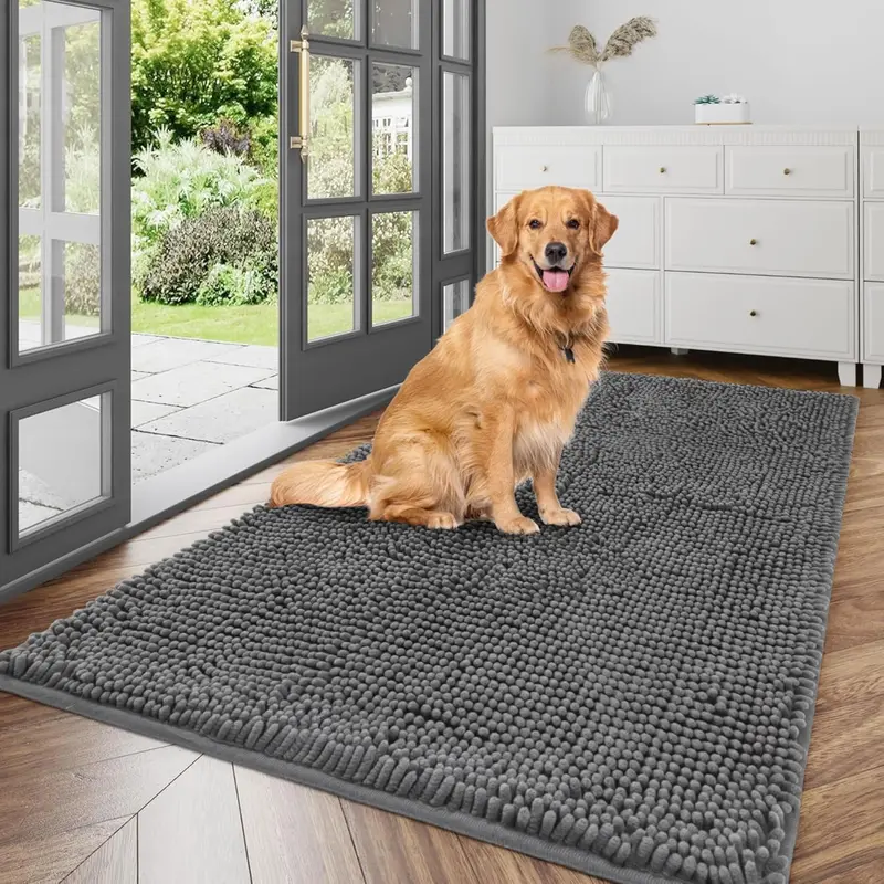 Ultra Absorbent Door Mat for Muddy Paws, 60" x 36" Chenille Mud Mat for Dogs, Quick Dry, Dirt Non-Slip Machine Washable Entry Rug for Indoor Outdoor Entrance, Dark Grey