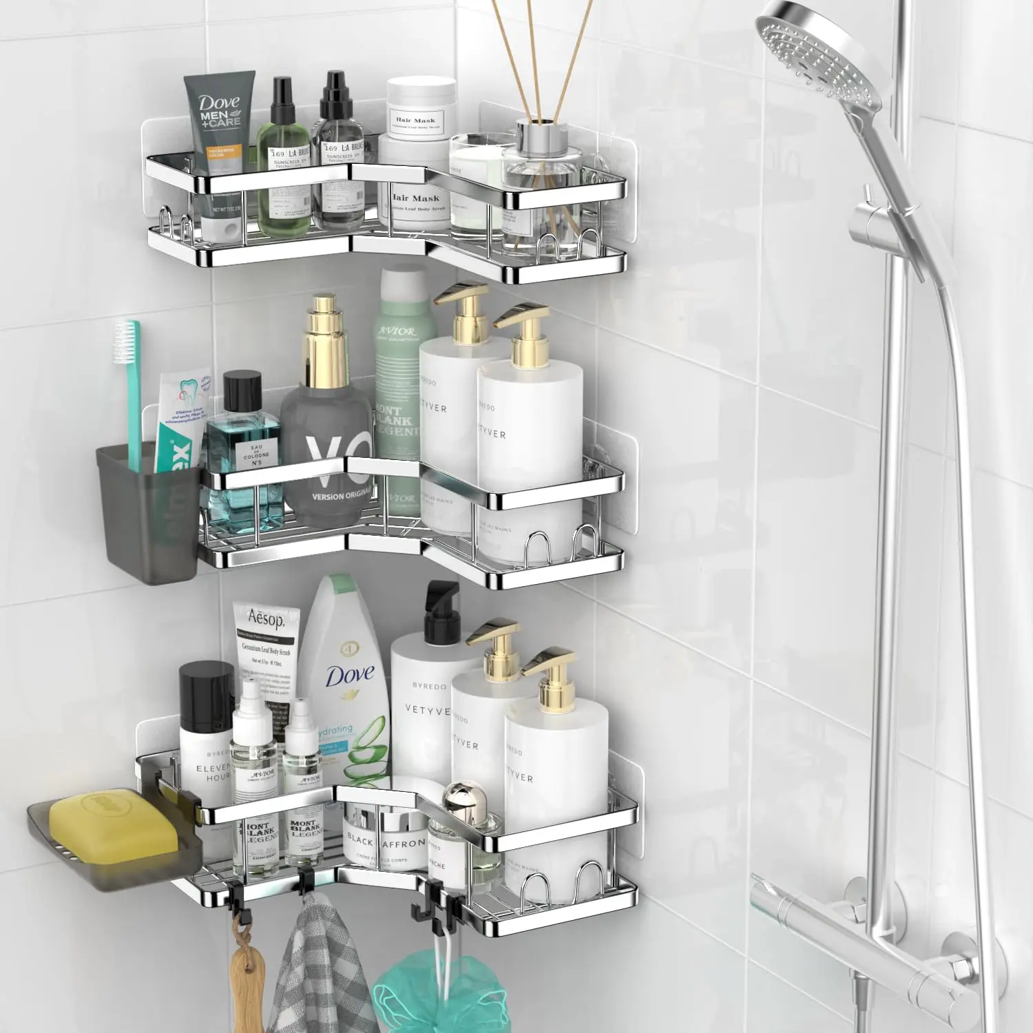 Adhesive L-Shaped Shower Caddy Shelf, Metal Organizer for Bathroom Organization and Corner Storage, Holds Large Shampoo Bottle, Stainless Steel, Hanging Shelf, Rustproof, Powder Room, Adhesive Mount, Wall Installation, Durable, Soap, Smooth, Shelves