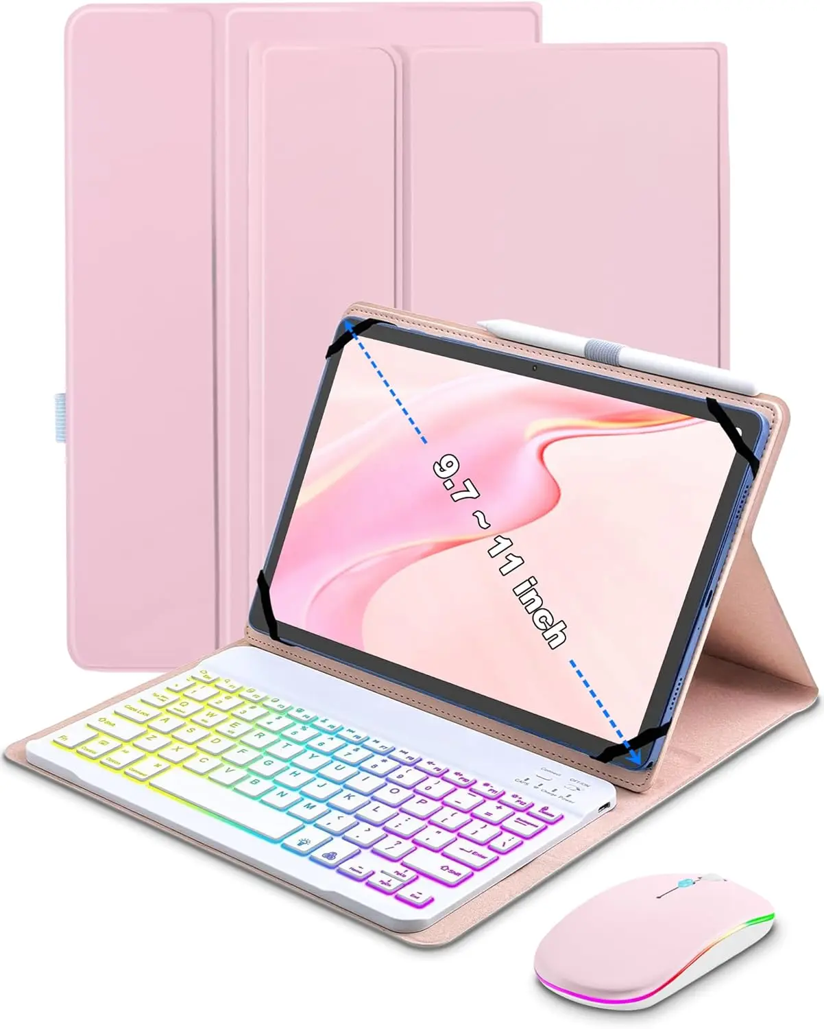 Universal Tablet Keyboard Case for 9.7",10.1",10.2",10.5",10.9",11" iPad Samsung Fire Pixel Android 10.1 inch Tablets, 7 Color Rainbow Backlit Removable Keypad with Pen Holder(Pink) + Mouse