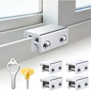 4 Sets Silver Sliding Window Locks, Security Window Locks with Keys, Adjustable Aluminum Sliding Window Stops, Easy Installation Without Drilling for Vertical and Horizontal Sliding Windows