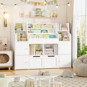 FOTOSOK Toy Storage Organizer with  8 Storage Cubbies and 2 Movable Drawers, Toy Organizer with Hidden Wheels and 3-Tier Kids Bookshelf, Multifunctional Floor Storage Chest for Playroom