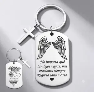 Two-Sided Protection Slogan Keychain, Stainless Steel Dog Tag Pendant Key Ring with Cross, Angel Wings Safe Journey Key Chain for Car Keys, Perfect Birthday Valentine's Day Blessing Gift for Him Her