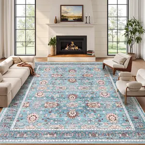 Vintage Washable Area Rug - Soft Low Pile, Non-Slip Carpet for Living Room, Bedroom, Dining Room, Kitchen - Modern Floral Boho Design - High Circulation, Pet & Child Friendly - Multiple Sizes & Colors