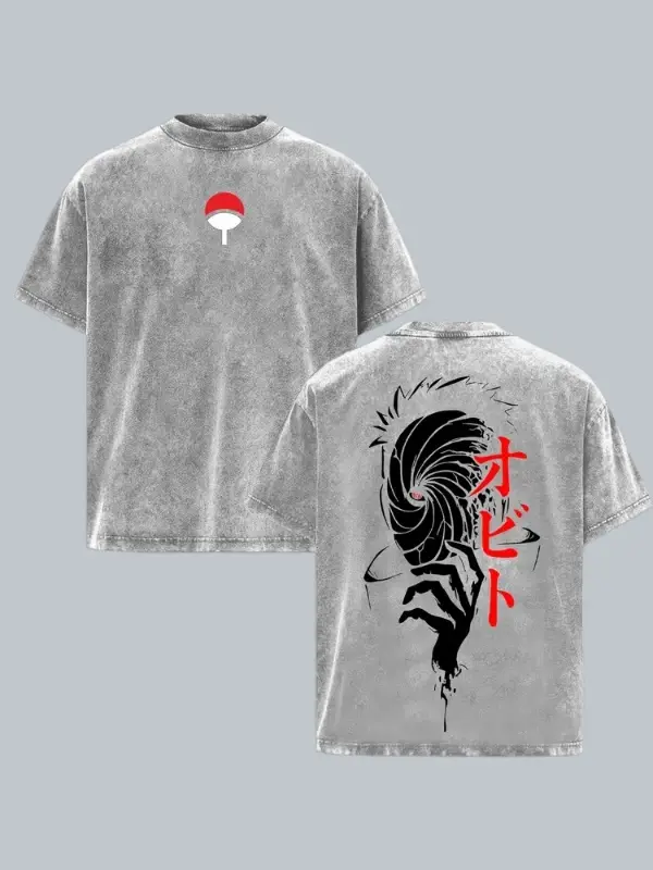 Vintage Acid Washed Double-Sided Graphic T-Shirt, Naruto Obito Uchiha Mask Anime Tee, Unisex Oversized Crew Neck Cotton Casual Streetwear Top, Off Campus Outfit, Me Core Fashion