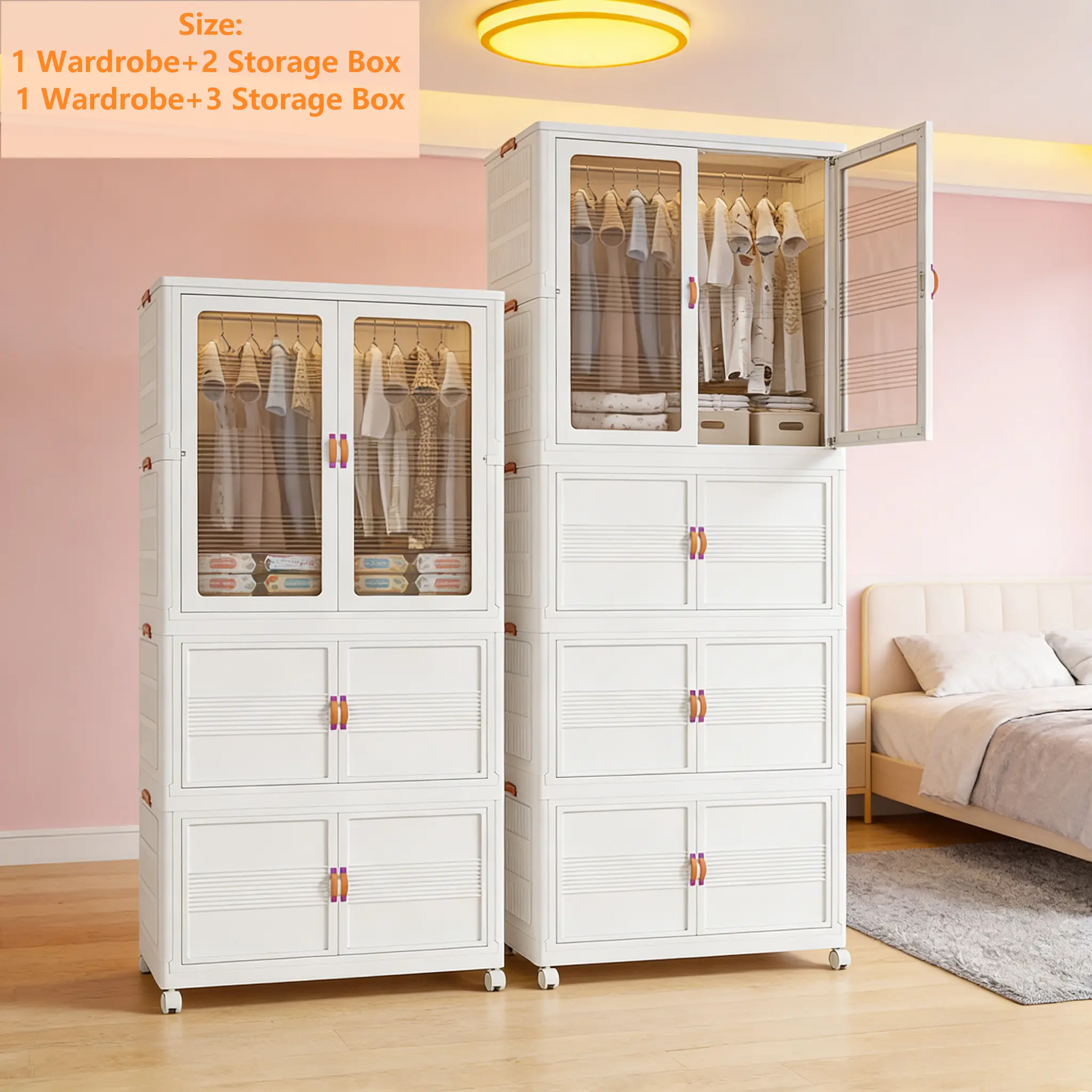 Space-Saving Folding Storage Cabinet Space Saving Aesthetic Stackable Storage Bins – Folding Plastic Organizer with Wheels & Magnetic Door for Closet, Dorm & Bedroom