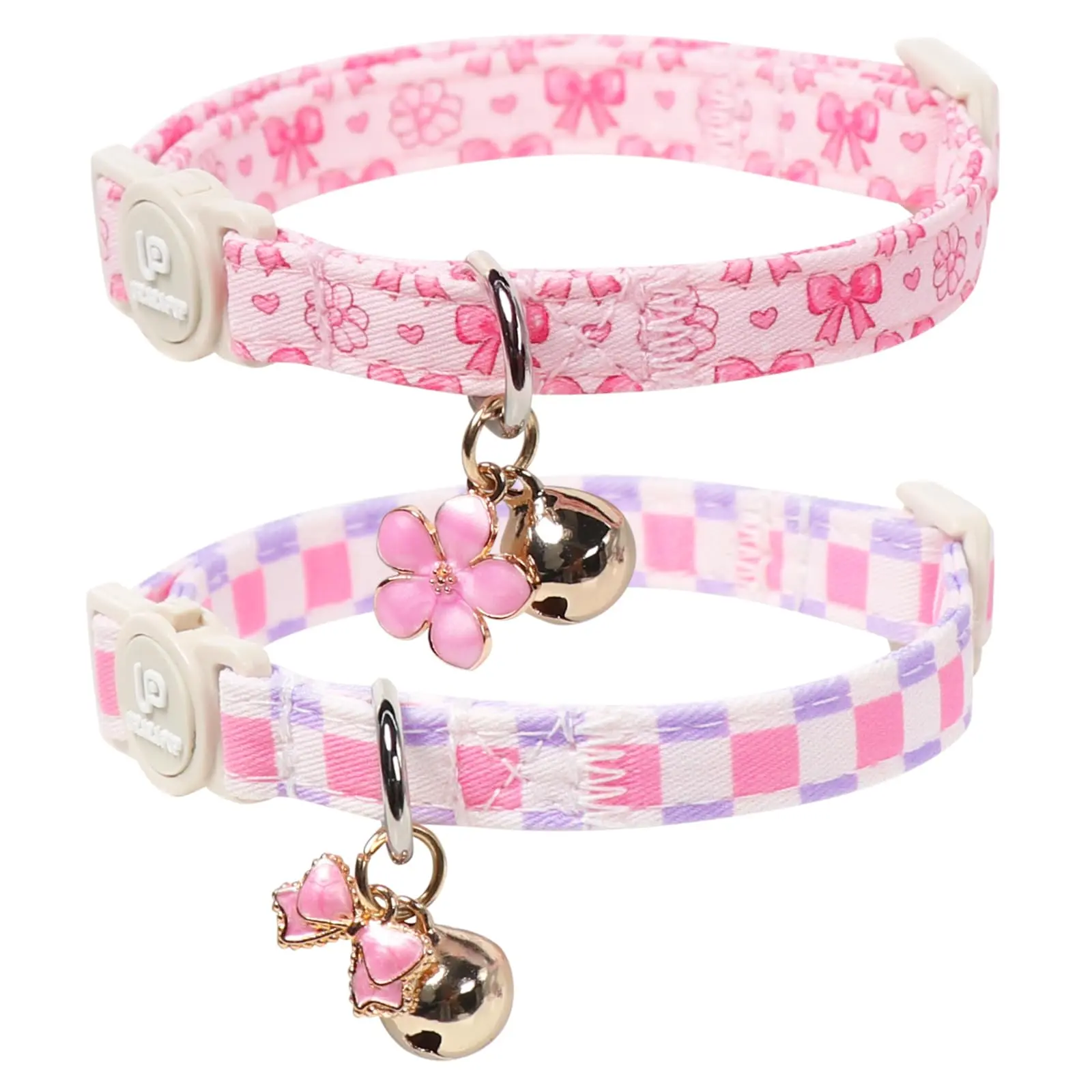 Cat Collars 2-Pack - Purple Plaid & Pink Floral, Summer Breakaway Safety Collars with Bell & Pendant, Adjustable 7-12 in, Cute Kitten Accessories for Cats tiktokshopbacktoschool