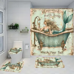 Mermaid Shower Curtain Set with Rug, Non-Slip Bath Mat, U-Shaped Toilet Lid Cover Pad, Bathroom Decor with Hooks, Bathroom Decoration Accessories, 1/4 Piece