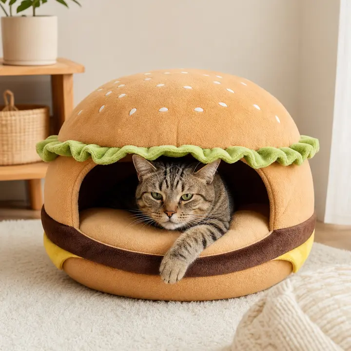 Cat Nest Snack Box Cat Bed Biscuit Burger Box Pet Bed Winter Warm Cat Dog House Removable Plush Pad Closed Four-Season Pet Nest