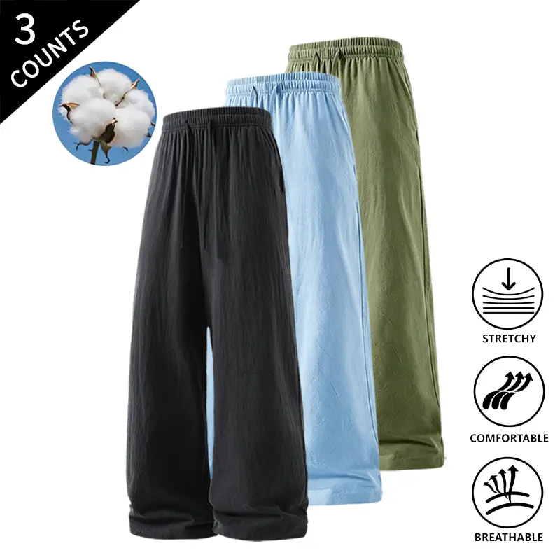 3-Pack Men’s Summer Vibes Trendy Wide-Leg Pants, Elastic Waist Drawstring Trousers for Casual Streetwear