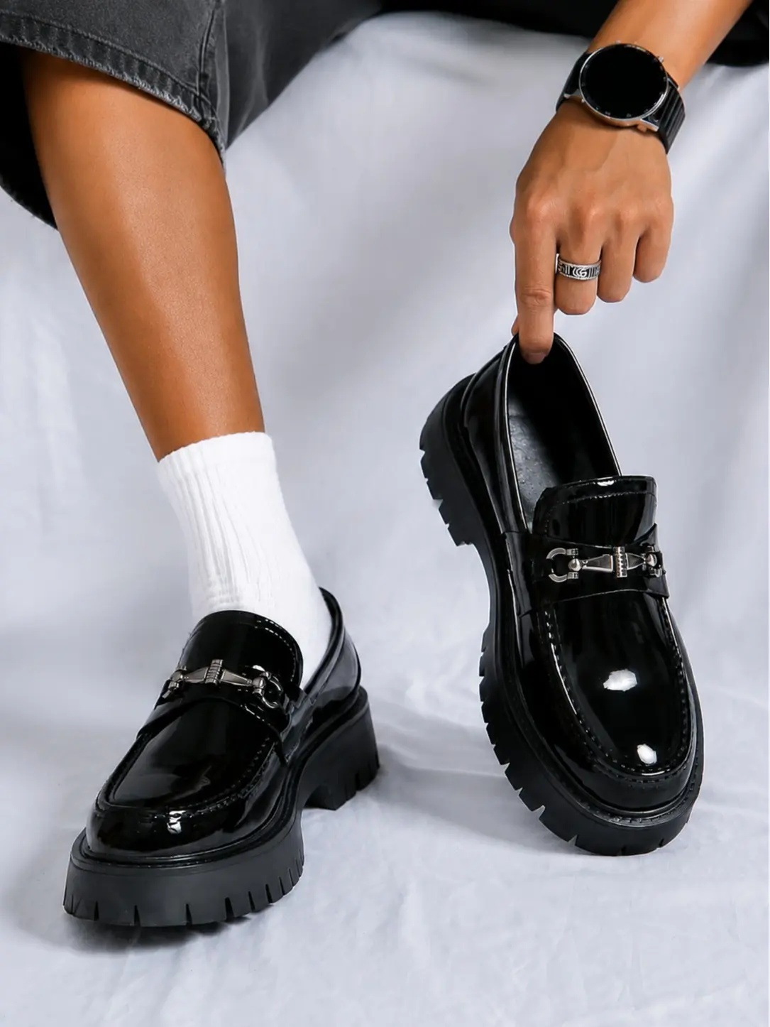 ONXITOM Men's Patent Leather Black Loafers, Slip On Platform Dress Shoes with Gold Chain Detail and Chunky Lug Sole for Office & Casual