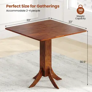 COSTWAY - Square Dining Table with Pedestal Base and Rubber Wood Frame-Walnut