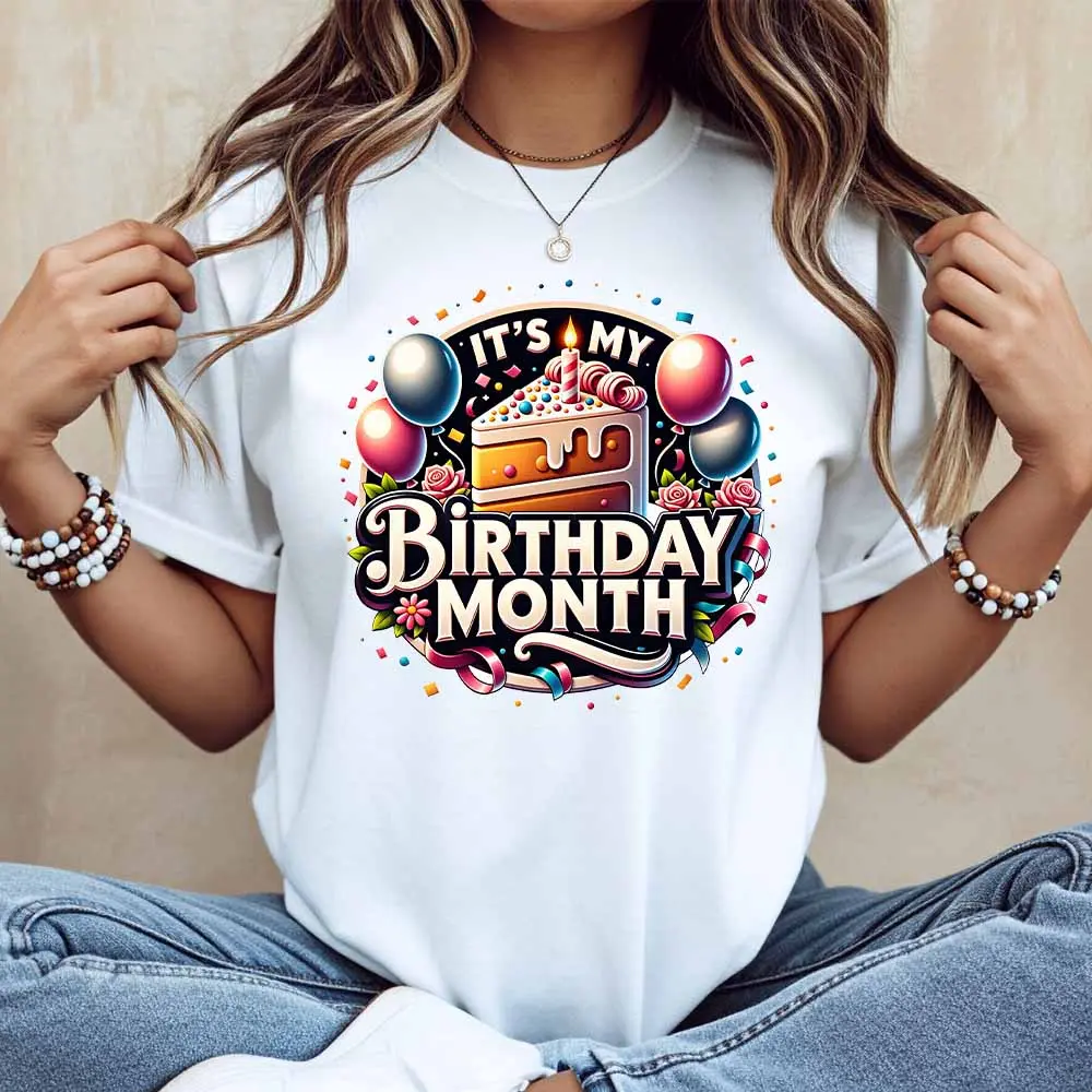 It's My Birthday Month Cake Balloons And Confetti Print T Shirt Women Casual Short Sleeve Round Neck Top Summer Fashion Trendy Graphic Tee