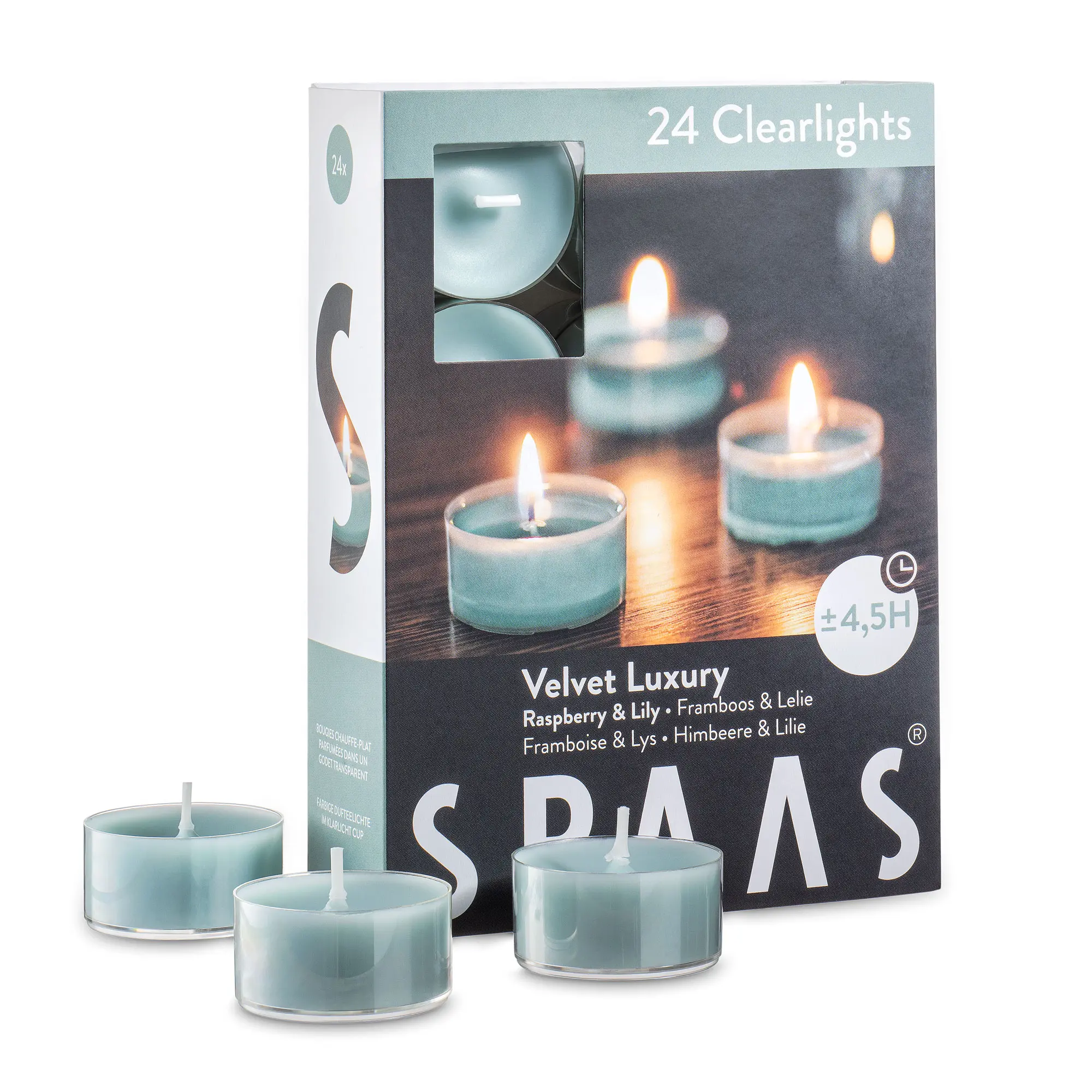 Scented Tea Light Candles in Clear Cups - Raspberry & Lily Fragrance - Emerald Green Tealight Candles for Spa, Dinner, Home Decoration, and Holiday - Pack of 24