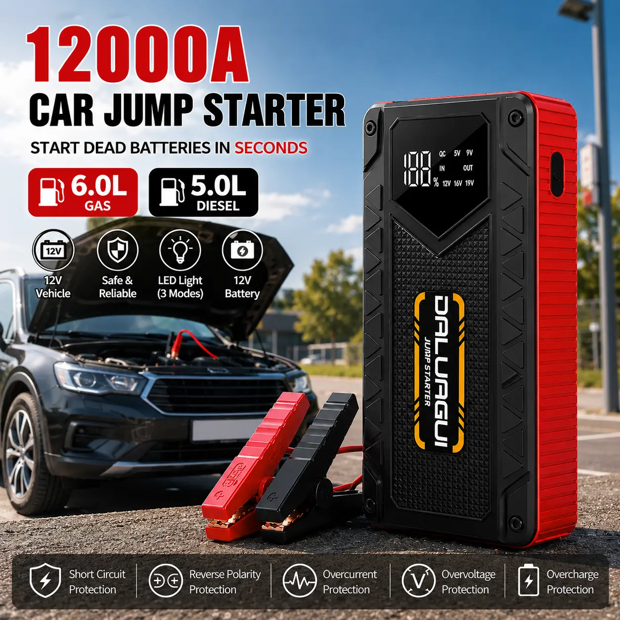 Portable 12000A Car Battery Booster, 12V Vehicle Emergency Starter Power Supply, Equipped With Intelligent Clamping Technology And LED Emergency Lighting, Compatible With Cars, SUVs, Pickup Trucks, And Motorcycles, A Thoughtful Gift For Holidays.