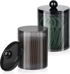 2 Pack Quip Holder, Canister Bathroom Jars with Lids Set for Cotton Swabs, Balls, Pads, Floss Picks, lastic  Bedroom Vanity Organizer(Black)
