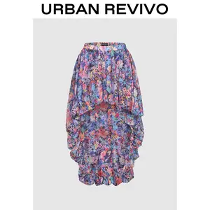 URBAN REVIVO Women's Floral Print Draped Silhouette Skirt UWA550005 - Women's Bottom, Flattering Fit, Bohemian Style, Casual Spring Wear, Matching Top Compatible, Women's Clothes, Boho Outfits