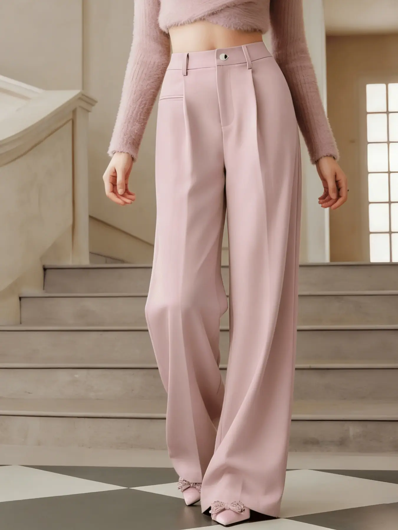 Pink wide leg pants for women, high waisted straight leg suit pants, small stature tall and slim, floor length casual pants suitable for all seasons, home, indoor, outdoor, Wide Legged Pants, Womenswear