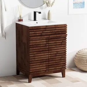 NEKODO 24" Nature Acacia Bathroom Vanity with 1 Hole Ceramic Sink Combo, Freestanding Vanity Cabinet with 2 Invisible Soft Closing Doors, Acacia Wood Grain