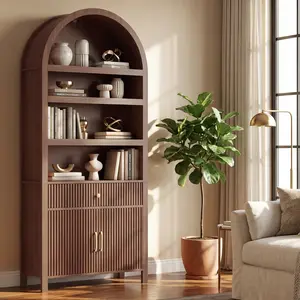 71" Tall Arched Cabinet, 6-Tier Mid Century Modern Arched Bookshelf with Doors and Drawer, Adjustable Shelves, Fluted Bookshelf with Storage for Living Room, Kitchen, Home Office, Walnut