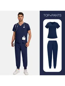 Practical Set for Men's Work V-Neck Scrubs Uniform Solid Color Wear Doctor Lab Workwear Jogger Pants