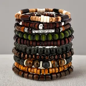 10Pcs Wooden Beads Bracelet | Unisex Elastic Line, Gift for Friends