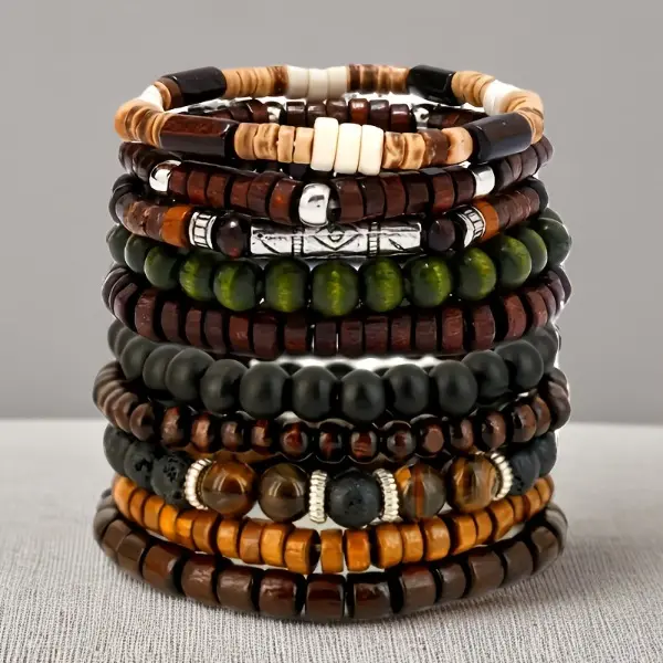 Unisex 10Pcs Wooden Beads Bracelet Stack - Elastic Line Costume Jewelry, Casual Wear Arm Candy Accessories, Ideal Gift for Friends, Yes Gift For Friends, Daily