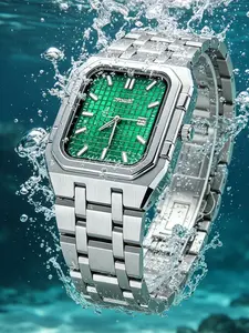 OFIMOBI Men Square Grid Dial Quartz Watch Luxury Stainless Steel Strap Business Casual Wristwatch