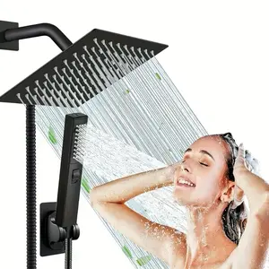 8"High Pressure Square RainShower Head and 2-in-1 HandShower.Equipped with 78"Hose, 3Way Diverter Valve,Adhesive ShowerHead Holder