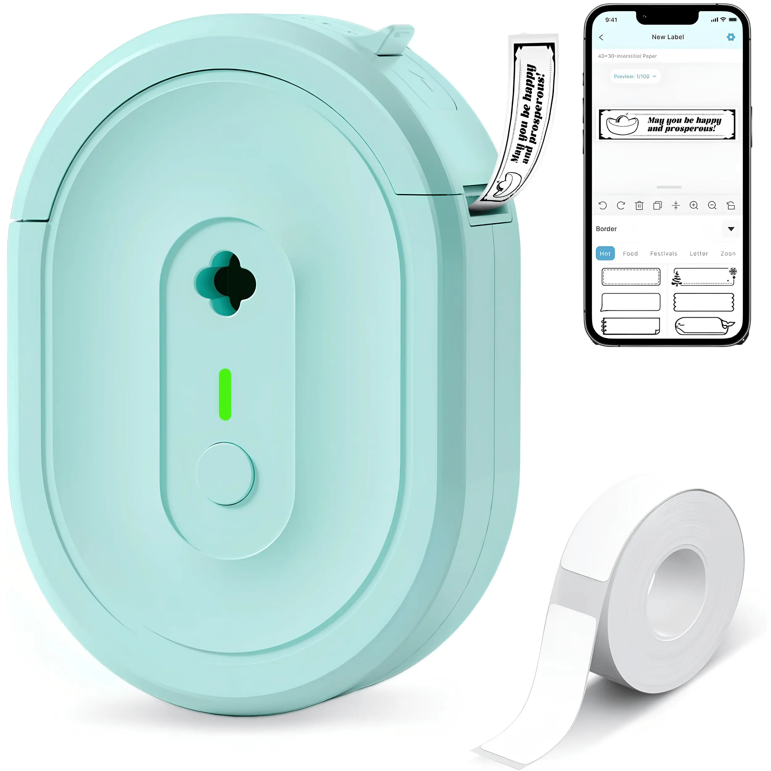 Portable Bluetooth Label Maker Wireless Thermal Label Printer with Tape, Mini Sticker Printing Machine, Multiple Templates for Home, Kitchen, School & Office Organization, Compact Rechargeable Label Maker, Green
